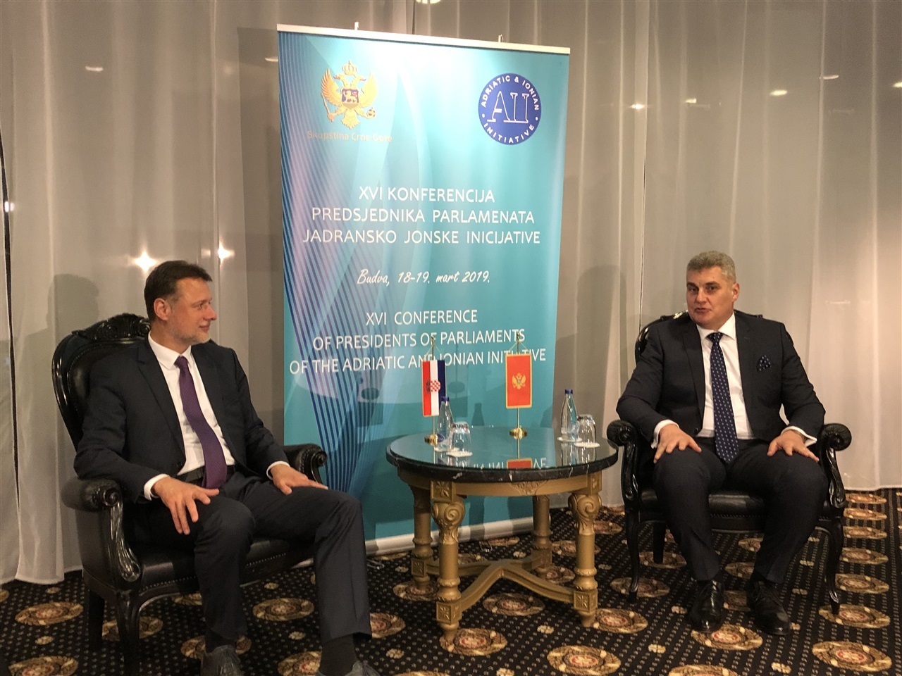 Croatian Parliament Speaker Gordan Jandroković and his Montenegrin counterpart Ivan Brajović in Budva, Montenegro