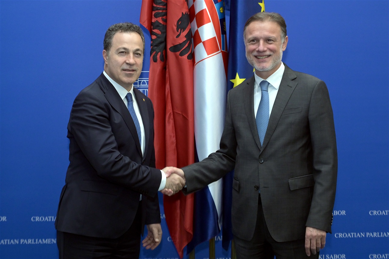 Bilateral meeting between the Speaker of the Croatian Parliament Gordan Jandroković and the Speaker of the Parliament of Albania Niko Peleshi on the eve of the Three Seas Initiative Parliamentary Summit, Croatian Parliament, 24 March 2026 (Photo: Croatian Parliament))