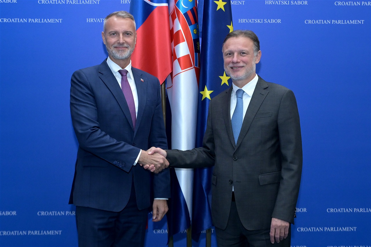 Bilateral meeting between the Speaker of the Croatian Parliament Gordan Jandroković and the Speaker of the National Council of Slovakia Richard Raši on the eve of the Three Seas Initiative Parliamentary Summit, Croatian Parliament, 24 March 2026 (Photo: Croatian Parliament)